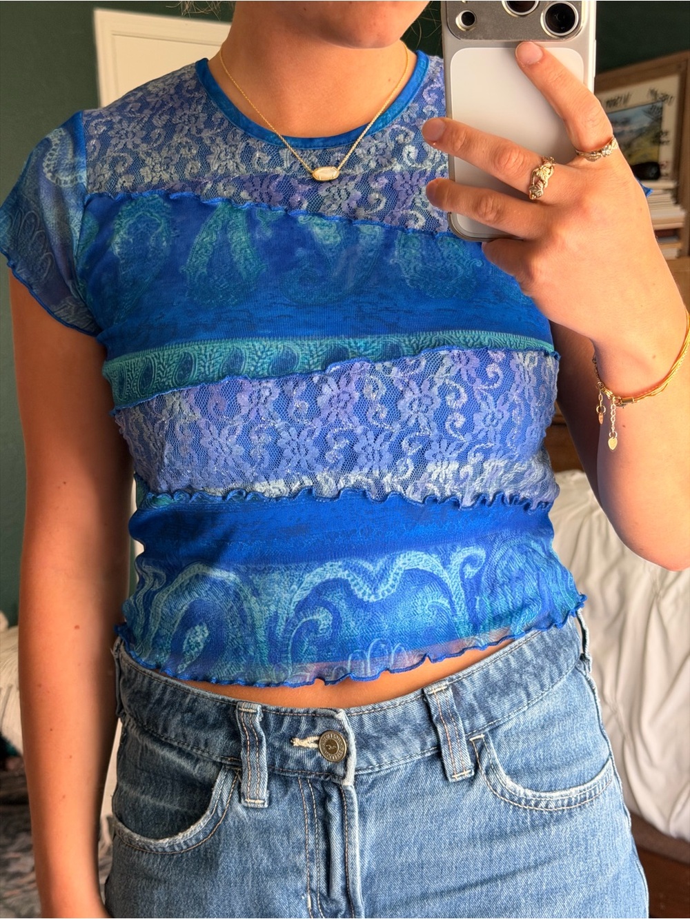 Blue Lace-Panel Crop Top with Ruffle Hem